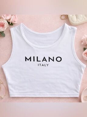 Y2K Milano Italy White Crop Tank Top Women’s Medium Minimalist Graphic Aesthetic